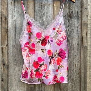 Silly Floral Lace-Trim Satin Cami Tank Top - Pink Lilac